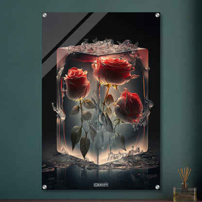 Rote Rosen eingefroren im Eiswürfel auf einem Acrylbild