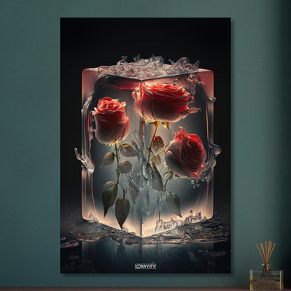 Rote Rosen eingefroren im Eiswürfel auf Aluminium