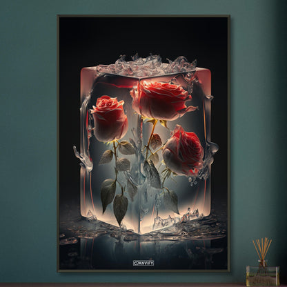 Rote Rosen eingefroren im Eiswürfel auf einem Poster im Metallrahmen