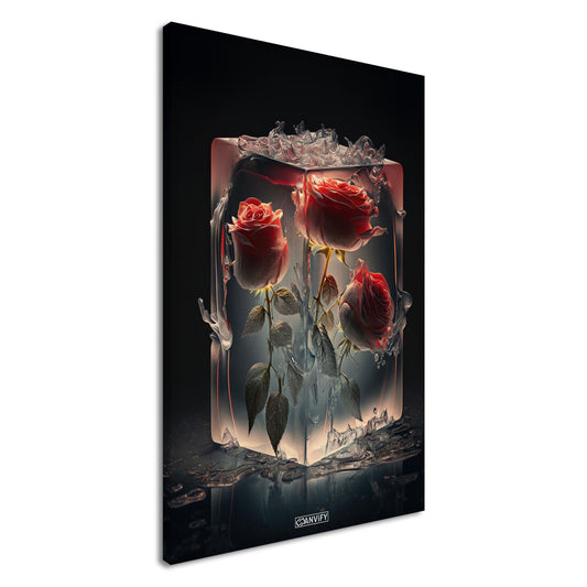 Rote Rosen eingefroren im Eiswürfel auf einer Leinwand