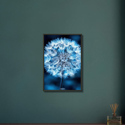 Eisblaue Pusteblume in Nahaufnahme auf einem Poster im Metallrahmen
