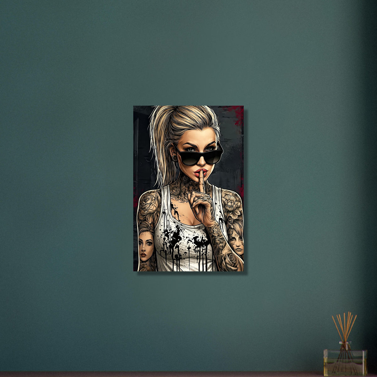 Schöne Frau mit Sonnenbrille und Tattoos im Modern Art Stil auf Aluminium