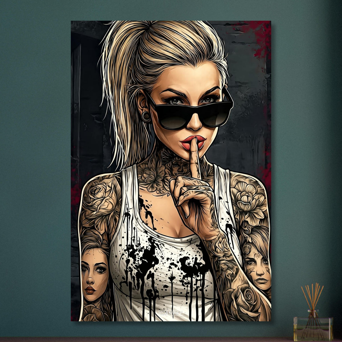 Schöne Frau mit Sonnenbrille und Tattoos im Modern Art Stil auf Aluminium