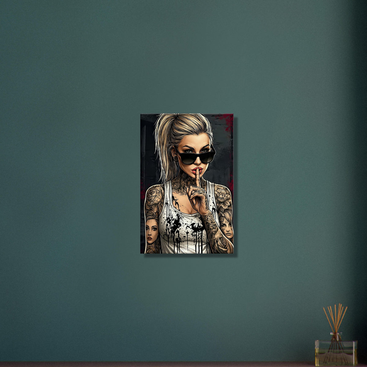 Schöne Frau mit Sonnenbrille und Tattoos im Modern Art Stil auf einer Leinwand