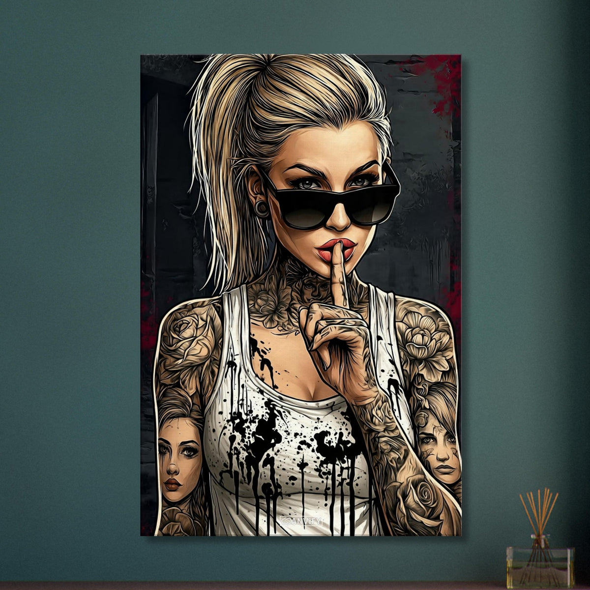 Schöne Frau mit Sonnenbrille und Tattoos im Modern Art Stil auf einer Leinwand