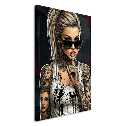 Schöne Frau mit Sonnenbrille und Tattoos im Modern Art Stil auf einer Leinwand