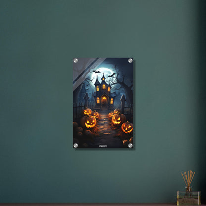 Gruselige Hexenvilla bei Nacht im Vollmondlicht und mit leuchtenden Kürbissen auf einem Acrylbild