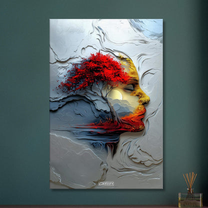 Japanischer Ahornbaum in einem abstrakten träumenden Gesicht mit einem Mond auf einer Leinwand