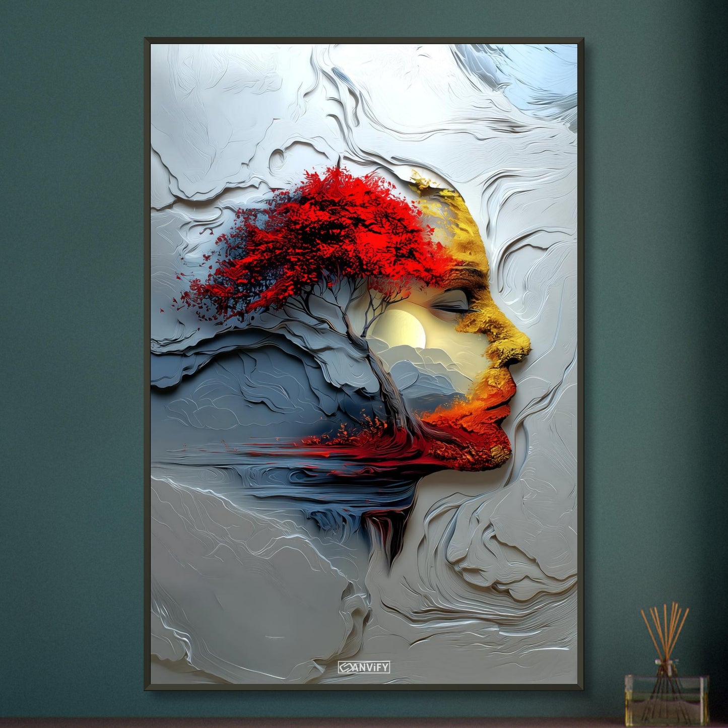 Japanischer Ahornbaum in einem abstrakten träumenden Gesicht mit einem Mond auf einem Poster im Metallrahmen