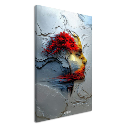 Japanischer Ahornbaum in einem abstrakten träumenden Gesicht mit einem Mond auf einer Leinwand