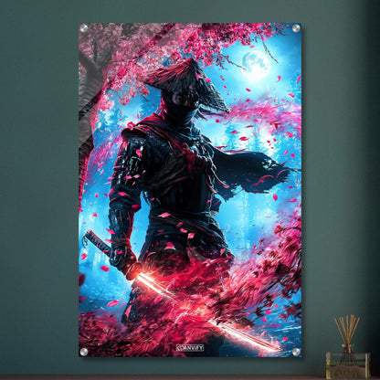 Japanischer Samurai-Ninja auch bekannt als Shinobi mit einem leuchtenden Katana in der Hand in einer Vollmondnacht auf einem Acrylbild