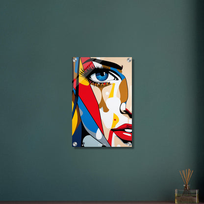 Blaues Auge einer Frau im Pop Art Stil auf einem Acrylbild