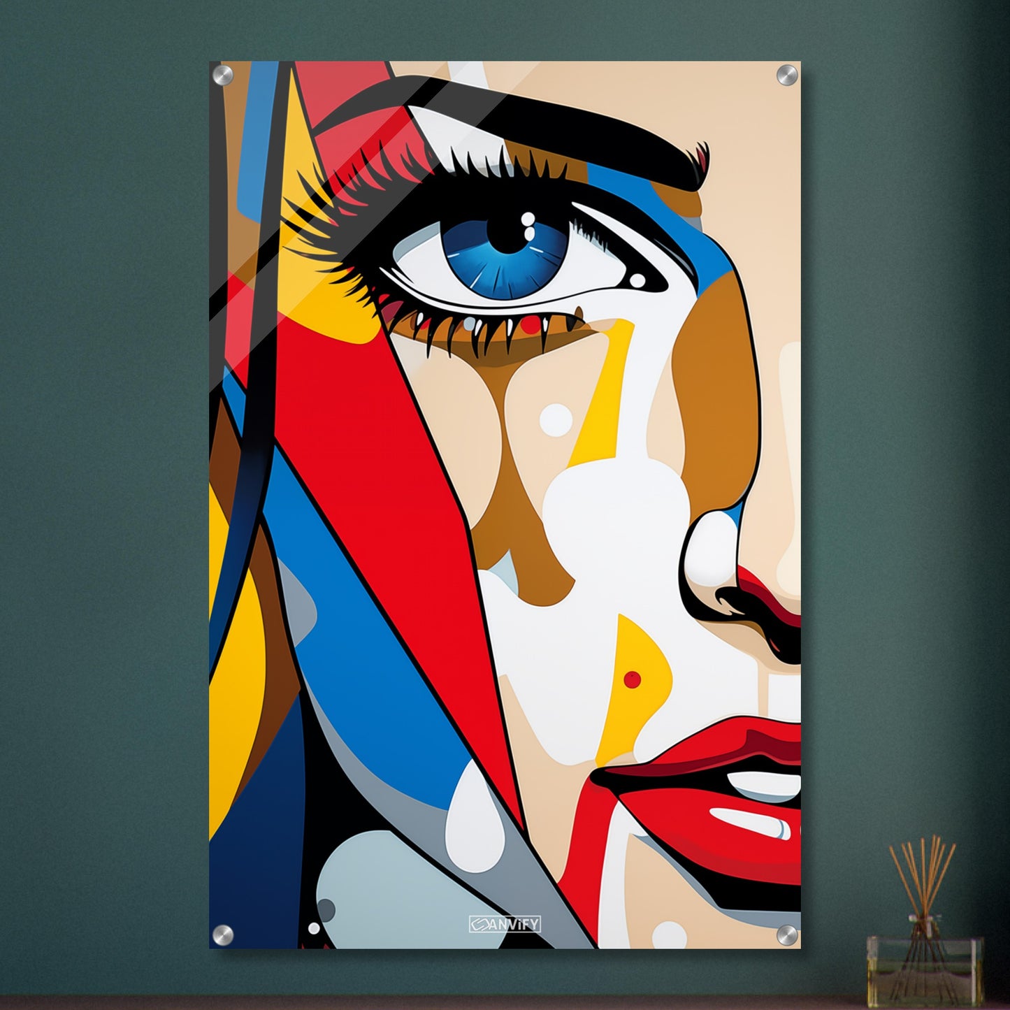 Blaues Auge einer Frau im Pop Art Stil auf einem Acrylbild