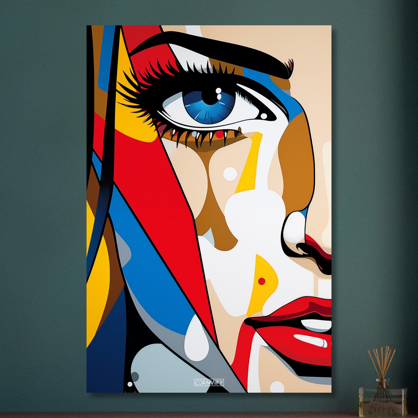Blaues Auge einer Frau im Pop Art Stil auf Aluminium
