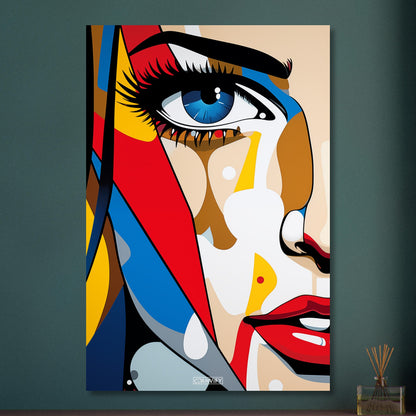 Blaues Auge einer Frau im Pop Art Stil auf Aluminium