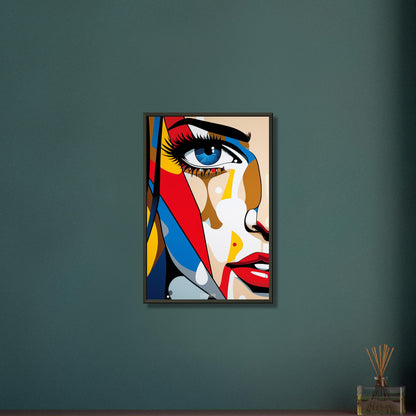 Blaues Auge einer Frau im Pop Art Stil auf einem Poster im Metallrahmen