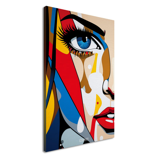 Blaues Auge einer Frau im Pop Art Stil auf einer Leinwand