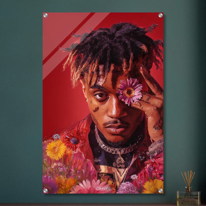 Juice WRLD im Stil von Nashid Chroma und inspiriert vom Album Cover Legends Never Die mit Blumen um die Augen auf einem Acrylbild