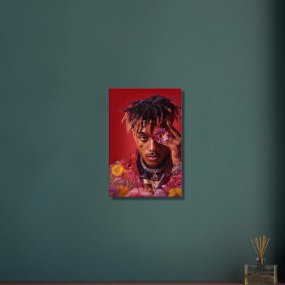 Juice WRLD im Stil von Nashid Chroma und inspiriert vom Album Cover Legends Never Die mit Blumen um die Augen auf einer Leinwand