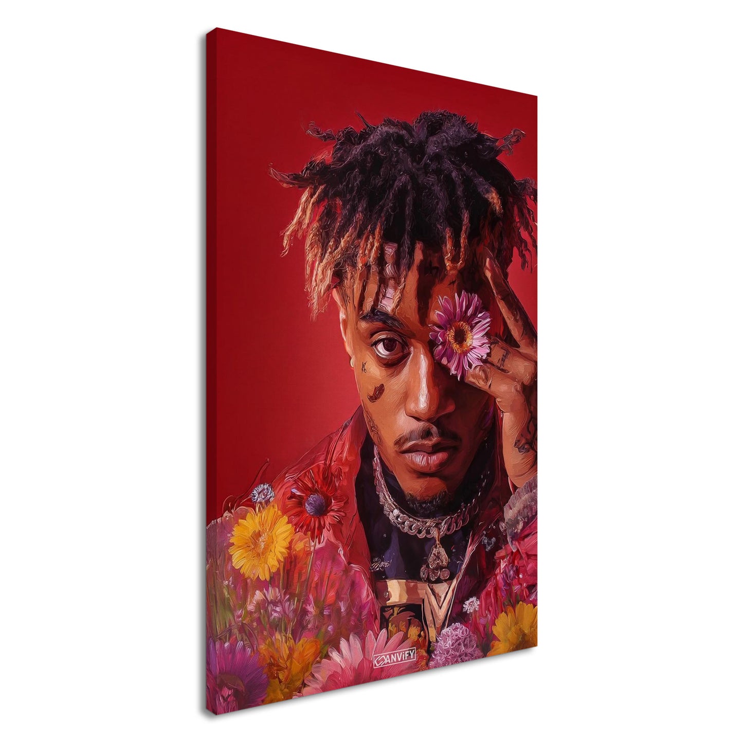 Juice WRLD im Stil von Nashid Chroma und inspiriert vom Album Cover Legends Never Die mit Blumen um die Augen auf einer Leinwand