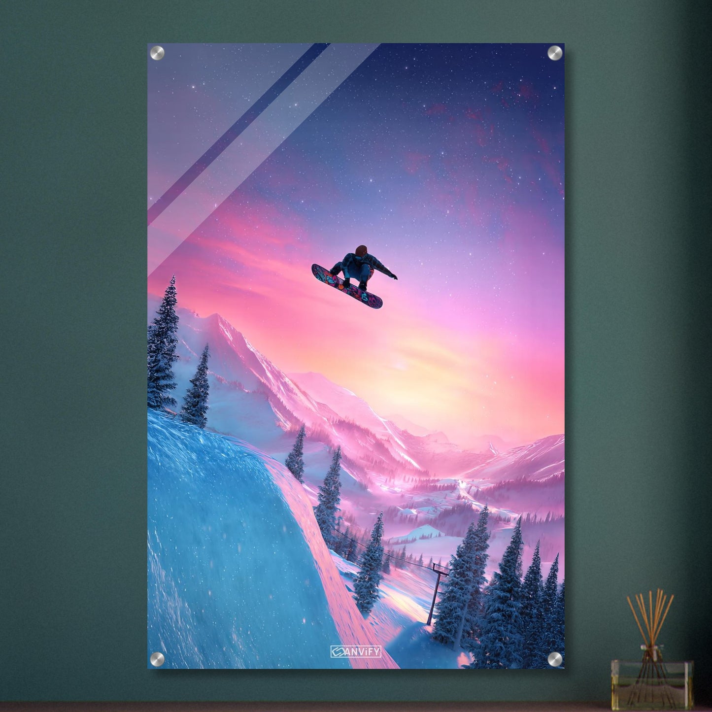 Springender Snowboarder als digitale Kunst auf einem Acrylbild