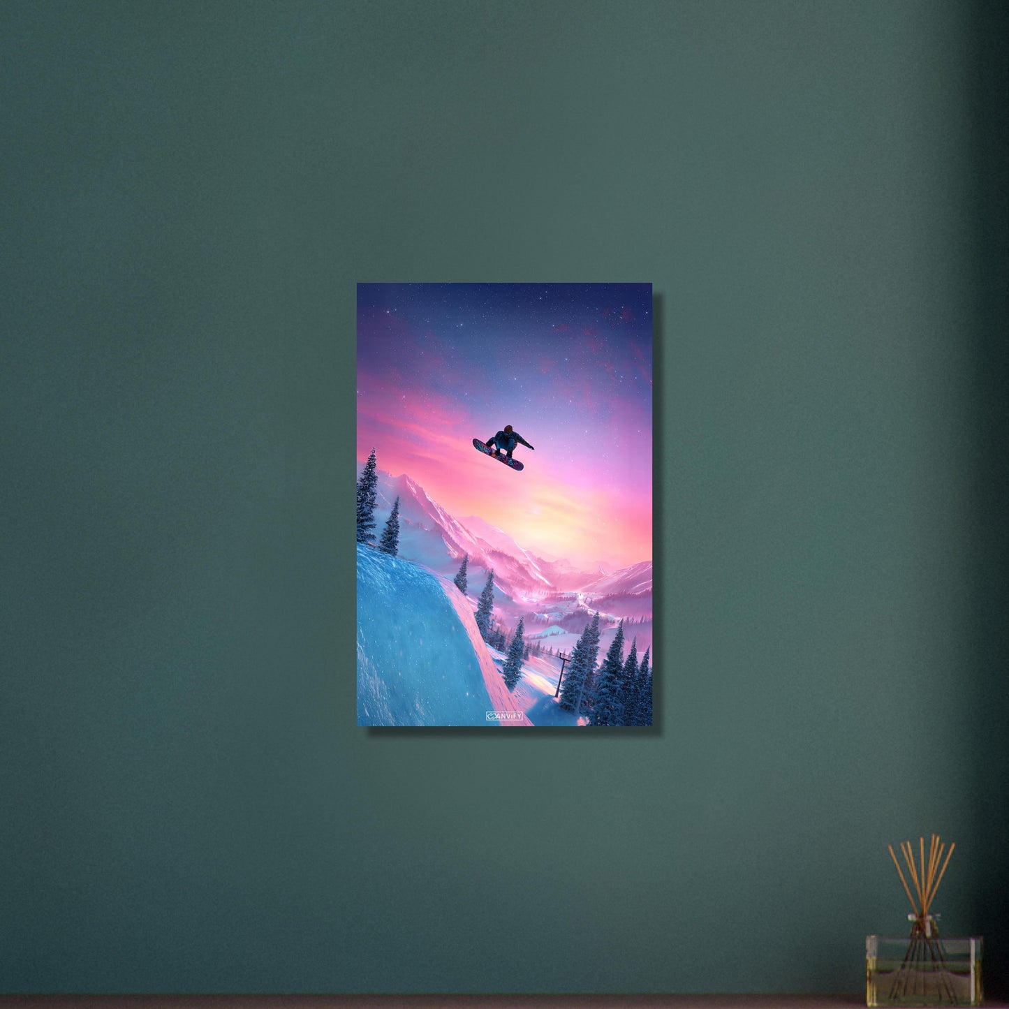 Springender Snowboarder als digitale Kunst auf Aluminium