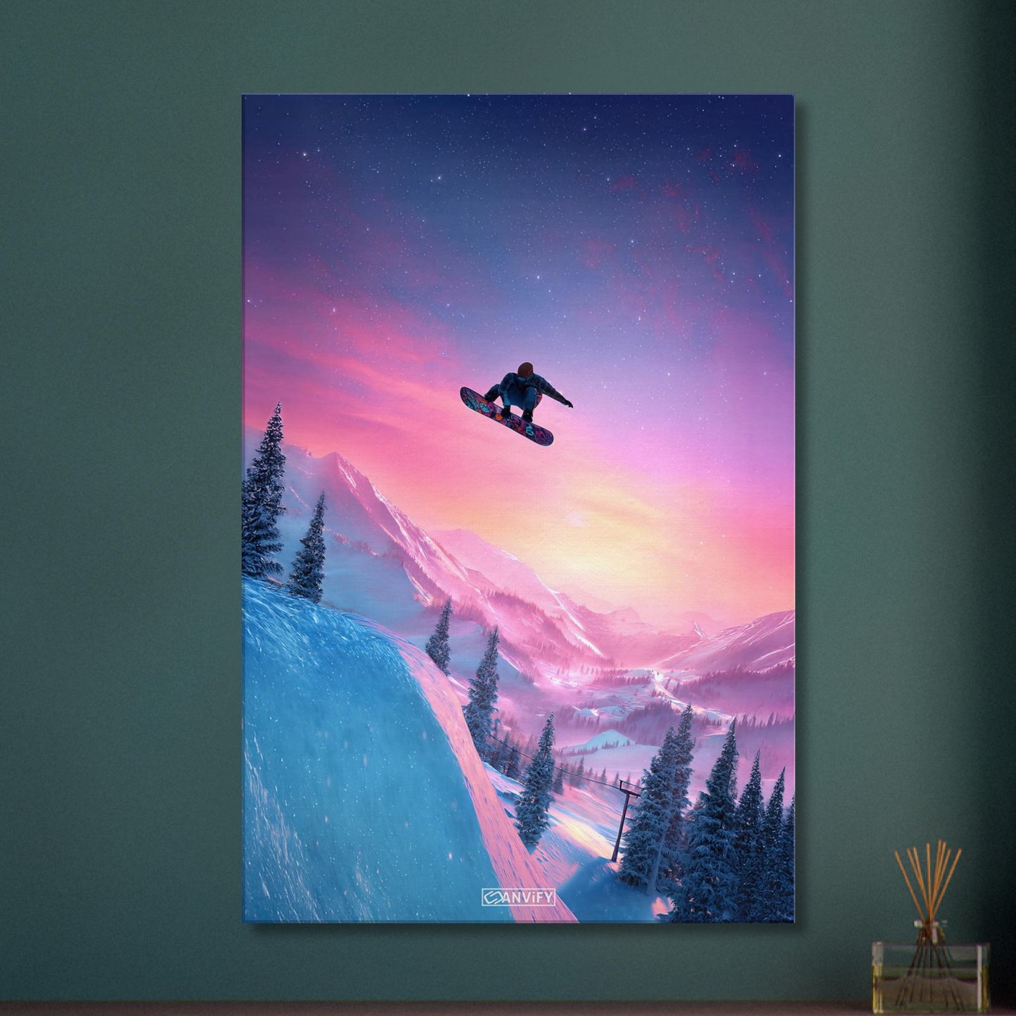 Springender Snowboarder als digitale Kunst auf einer Leinwand