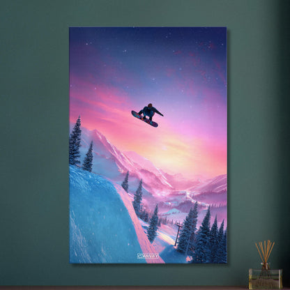 Springender Snowboarder als digitale Kunst auf einer Leinwand