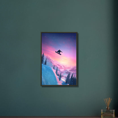 Springender Snowboarder als digitale Kunst auf einem Poster im Metallrahmen