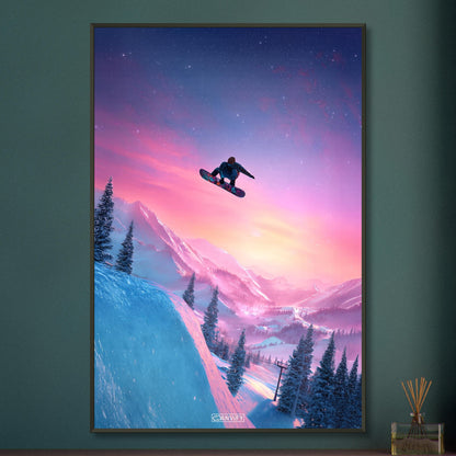 Springender Snowboarder als digitale Kunst auf einem Poster im Metallrahmen