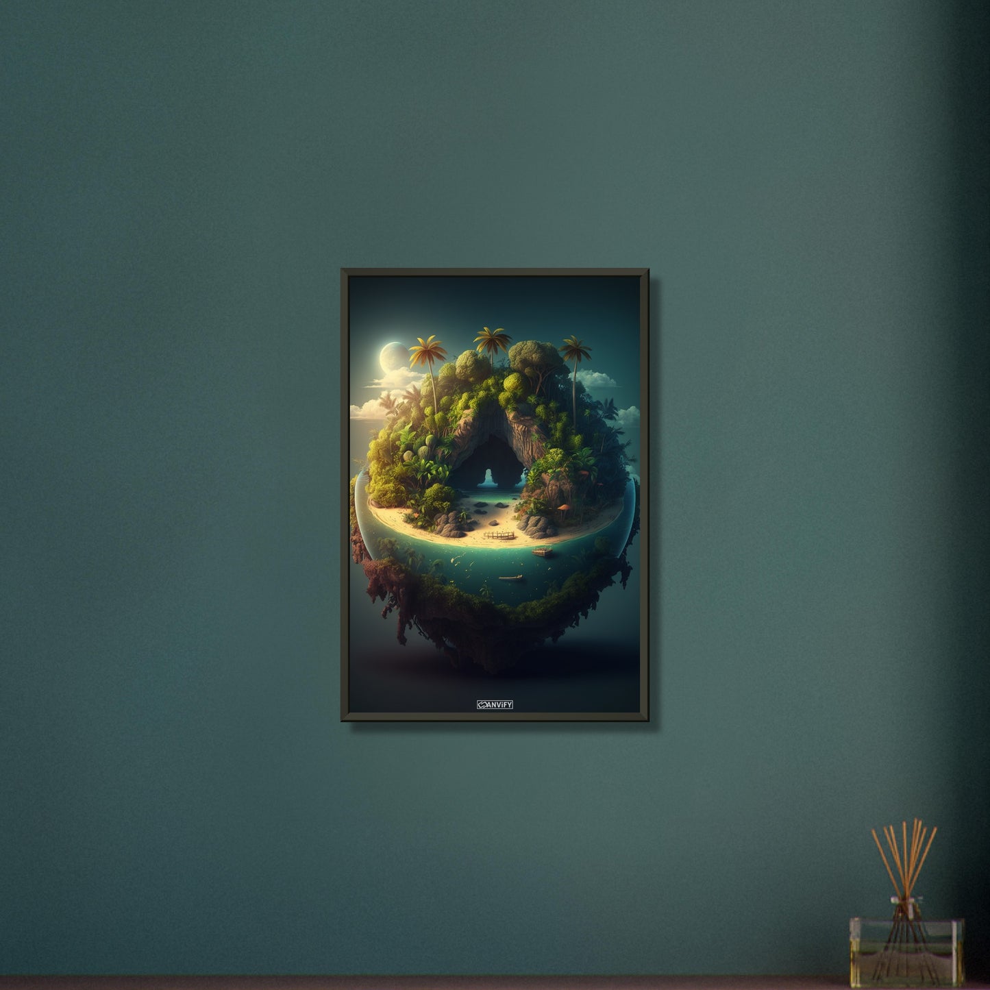 Dschungelinsel mit einer Oase bei Nacht auf einem Poster im Metallrahmen
