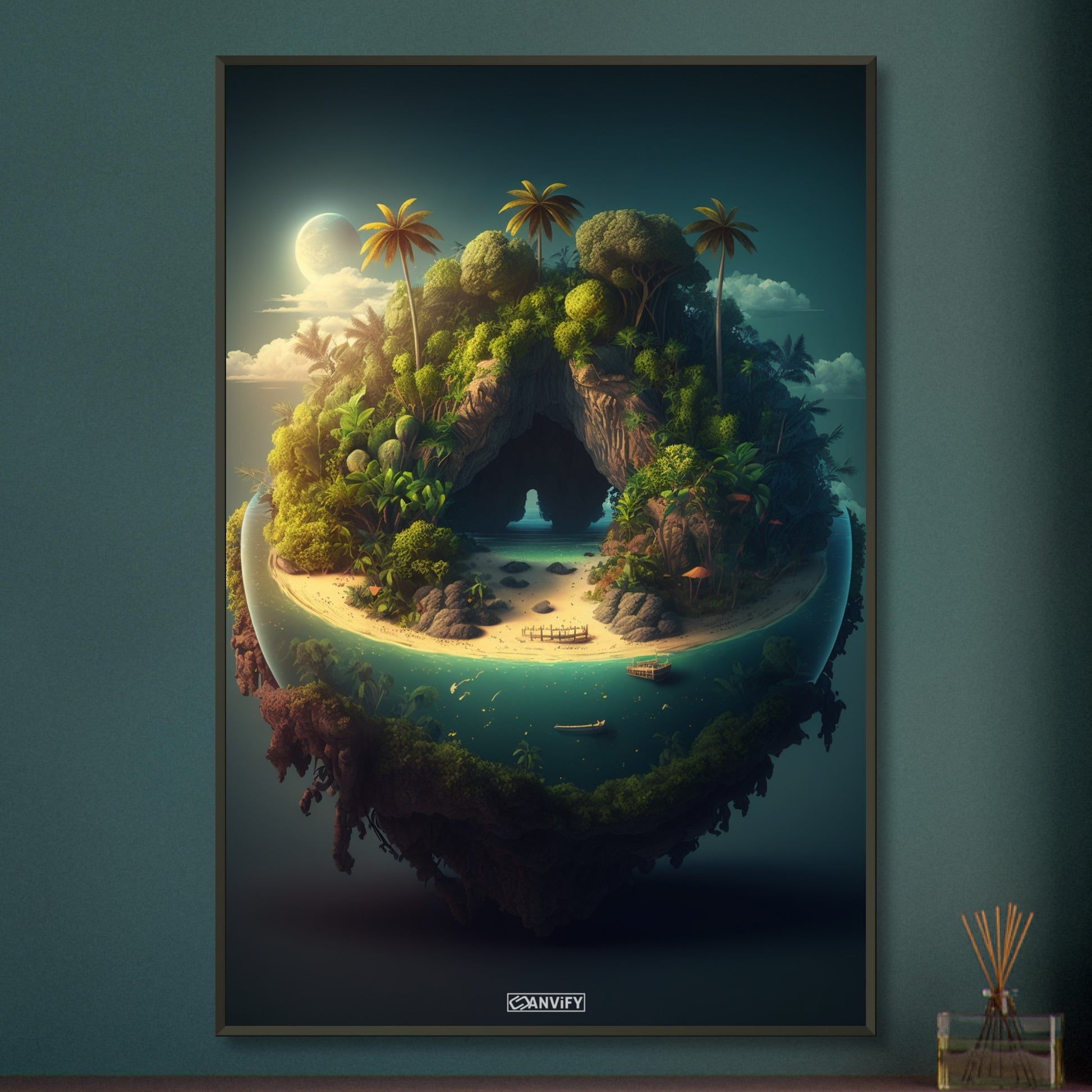 Dschungelinsel mit einer Oase bei Nacht auf einem Poster im Metallrahmen