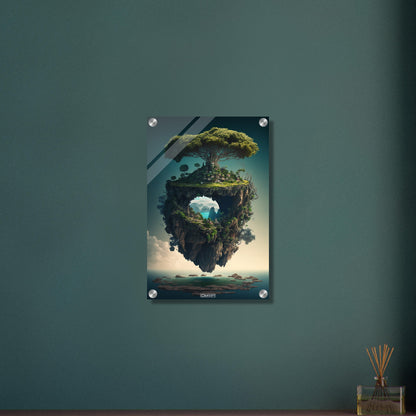 Dschungelinsel mit einem Portal und einer Kleinstadt auf einem Acrylbild
