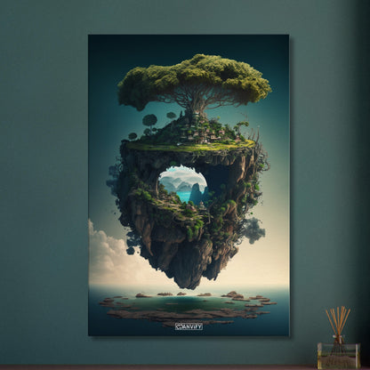 Dschungelinsel mit einem Portal und einer Kleinstadt auf einer Leinwand