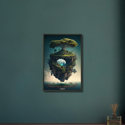Dschungelinsel mit einem Portal und einer Kleinstadt auf einem Poster im Metallrahmen
