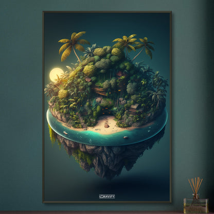 Schwebende Dschungelinsel mit einem Strandhaus und Meer auf einem Poster im Metallrahmen