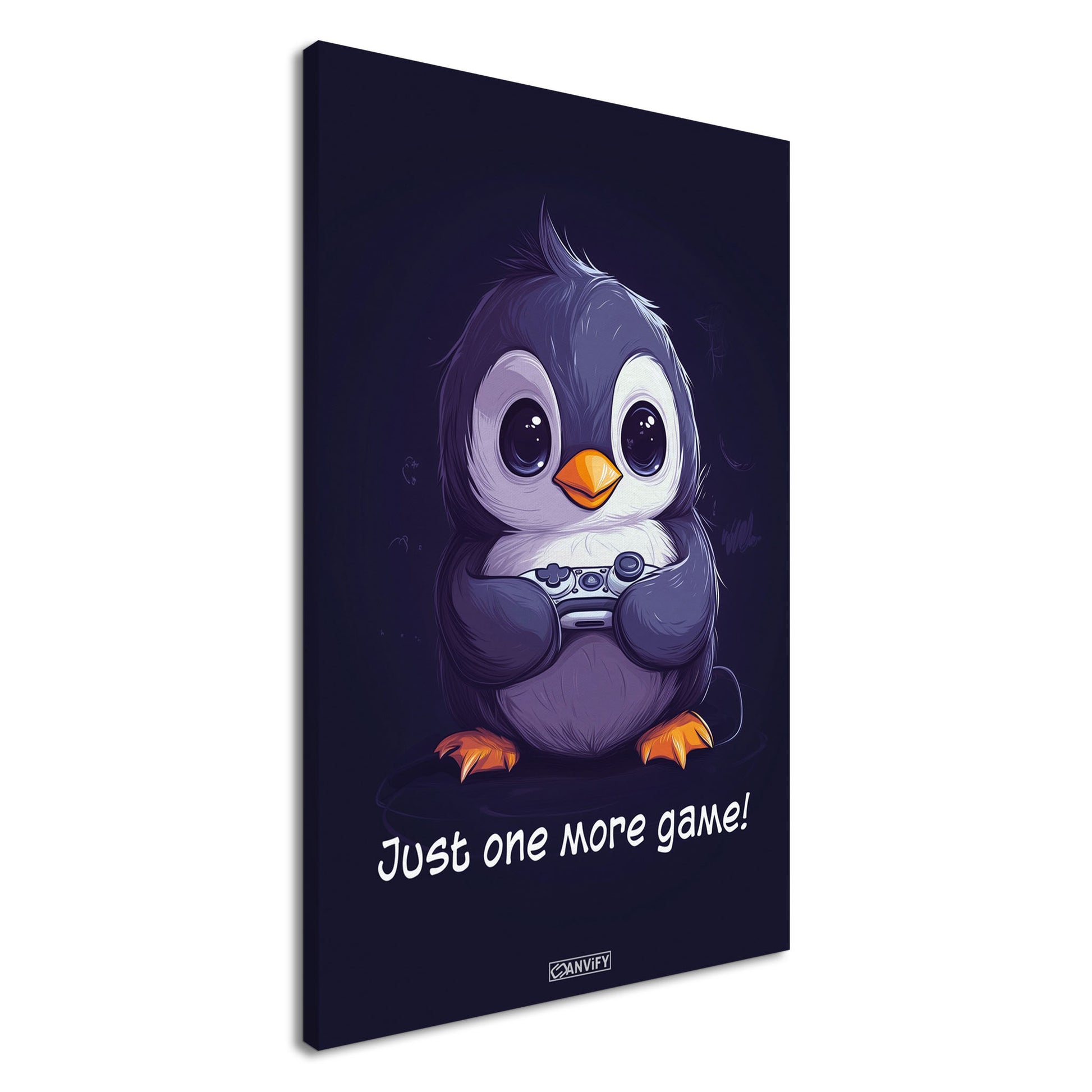 Baby-Pinguin spielt mit einem Controller auf einer Leinwand