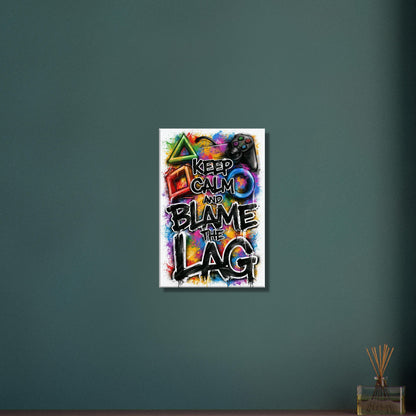 Playstation Controller mit bunten Symbolen und einem Spruch 'Keep Calm And Blame The Lag' im Graffiti Street Art Stil auf einer Leinwand