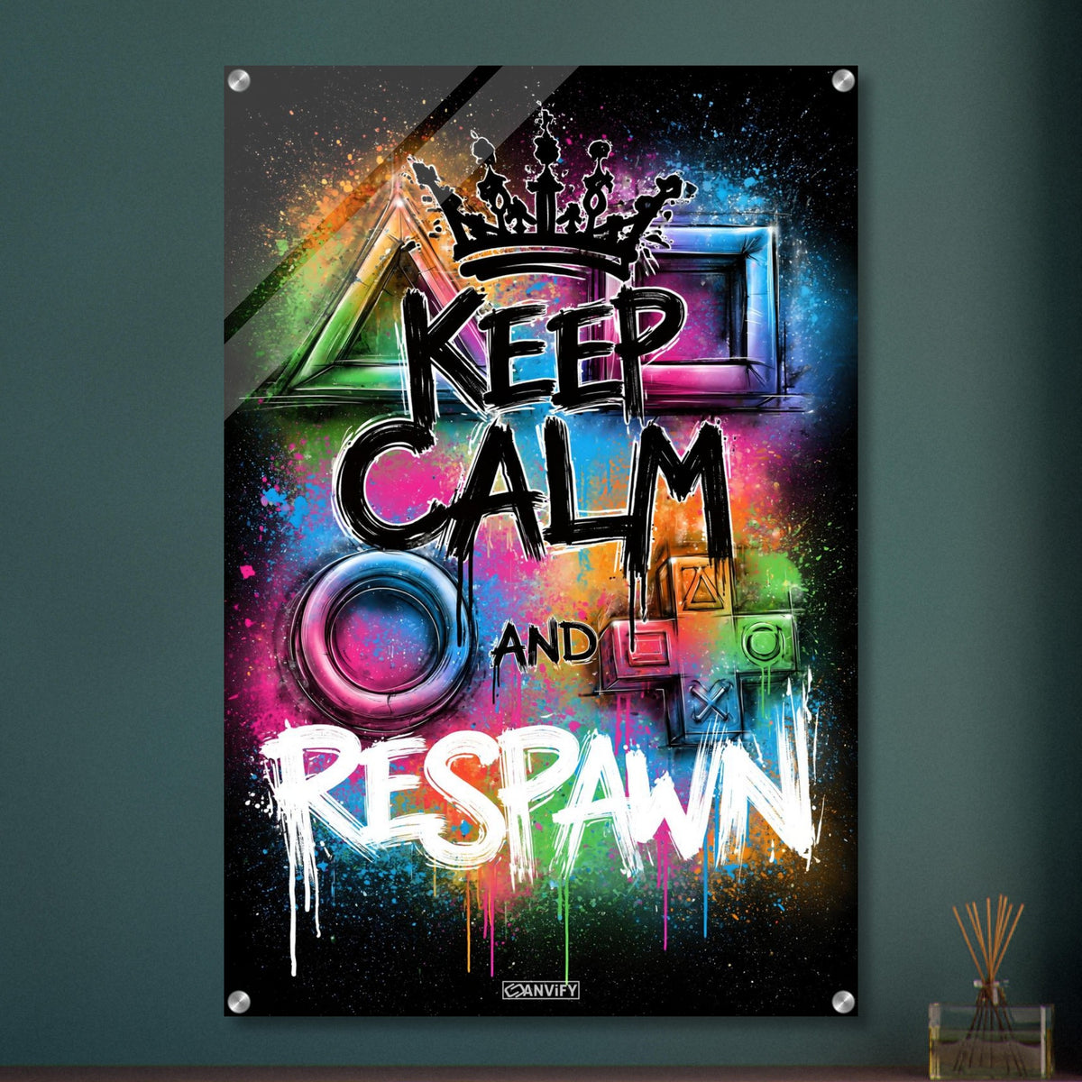 Playstation Symbole mit einer Krone, bunten Farben und einem Spruch 'Keep Calm And Respawn' im Graffiti Street Art Stil auf einem Acrylbild