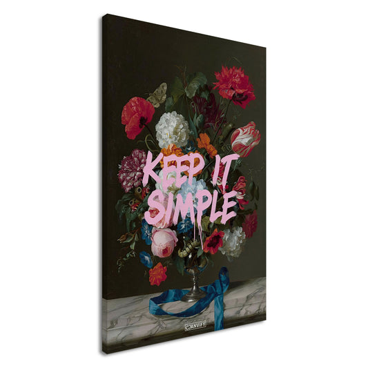 Blumen im Dutch Golden Age Stil mit einem Spruch "Keep It Simple" auf einer Leinwand