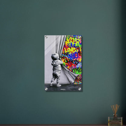 Kleiner Junge zieht den Vorhang zurück im Stil von Banksy Behind the Curtain auf einem Acrylbild