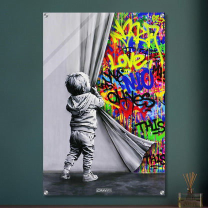 Kleiner Junge zieht den Vorhang zurück im Stil von Banksy Behind the Curtain auf einem Acrylbild