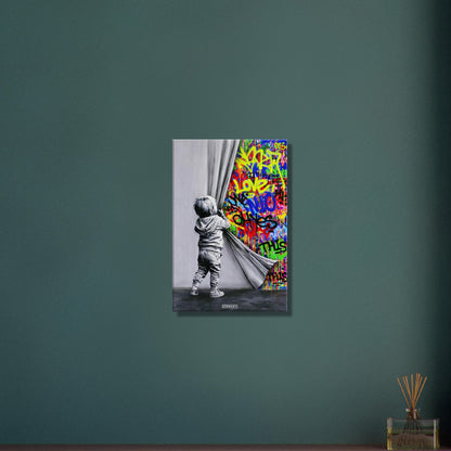 Kleiner Junge zieht den Vorhang zurück im Stil von Banksy Behind the Curtain auf einer Leinwand