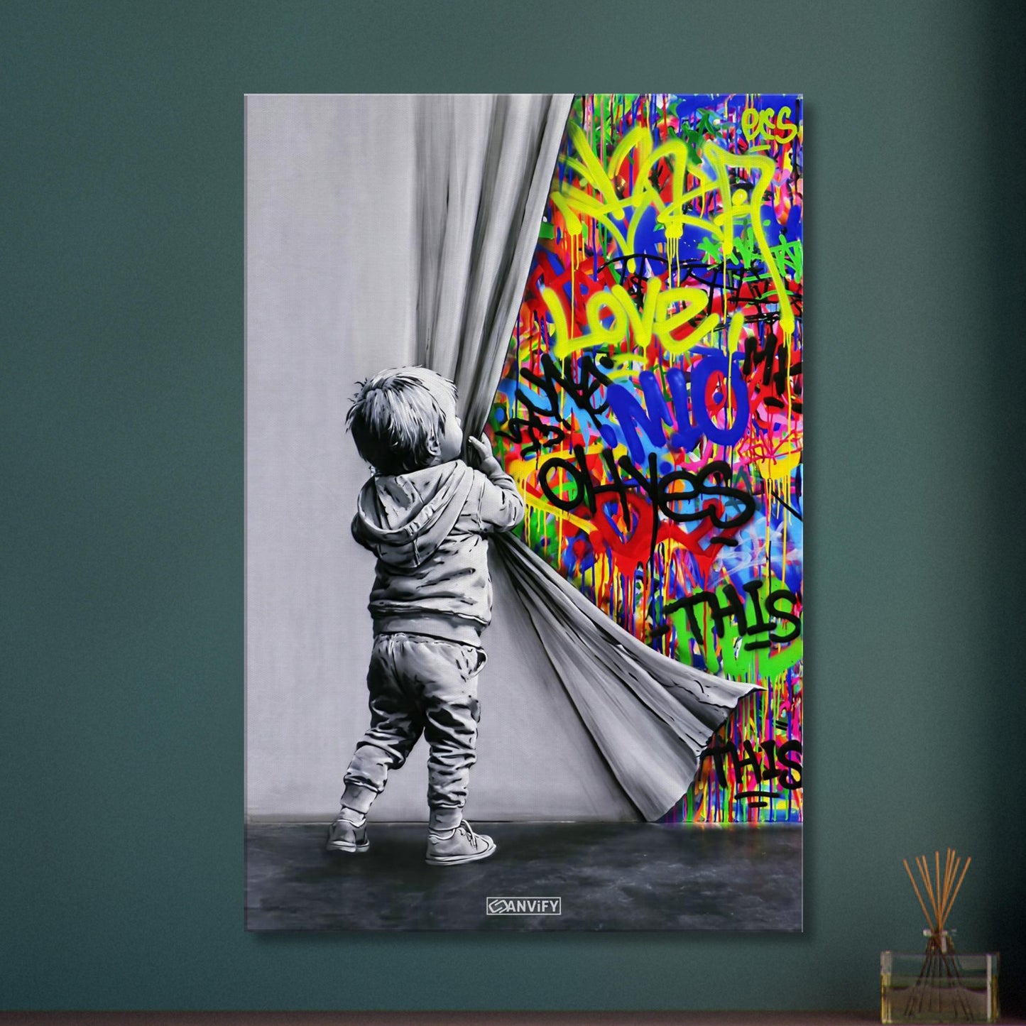 Kleiner Junge zieht den Vorhang zurück im Stil von Banksy Behind the Curtain auf einer Leinwand
