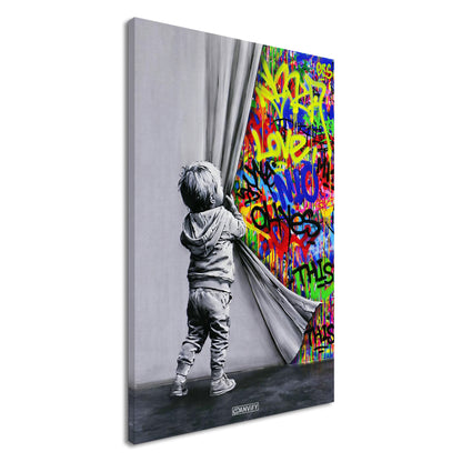 Kleiner Junge zieht den Vorhang zurück im Stil von Banksy Behind the Curtain auf einer Leinwand