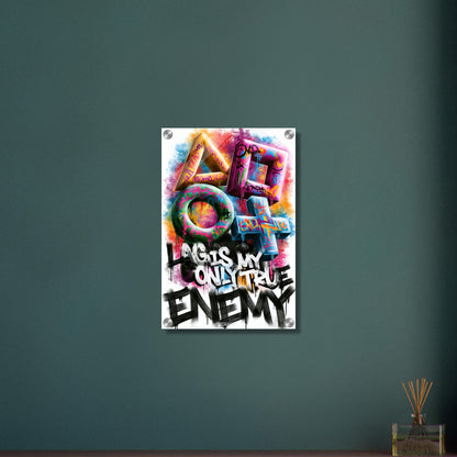 Playstation Symbole mit Controller in bunten Farben und einem Spruch 'Lag Is My Only True Enemy' im Graffiti Street Art Stil auf einem Acrylbild