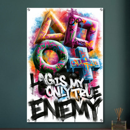 Playstation Symbole mit Controller in bunten Farben und einem Spruch 'Lag Is My Only True Enemy' im Graffiti Street Art Stil auf einem Acrylbild