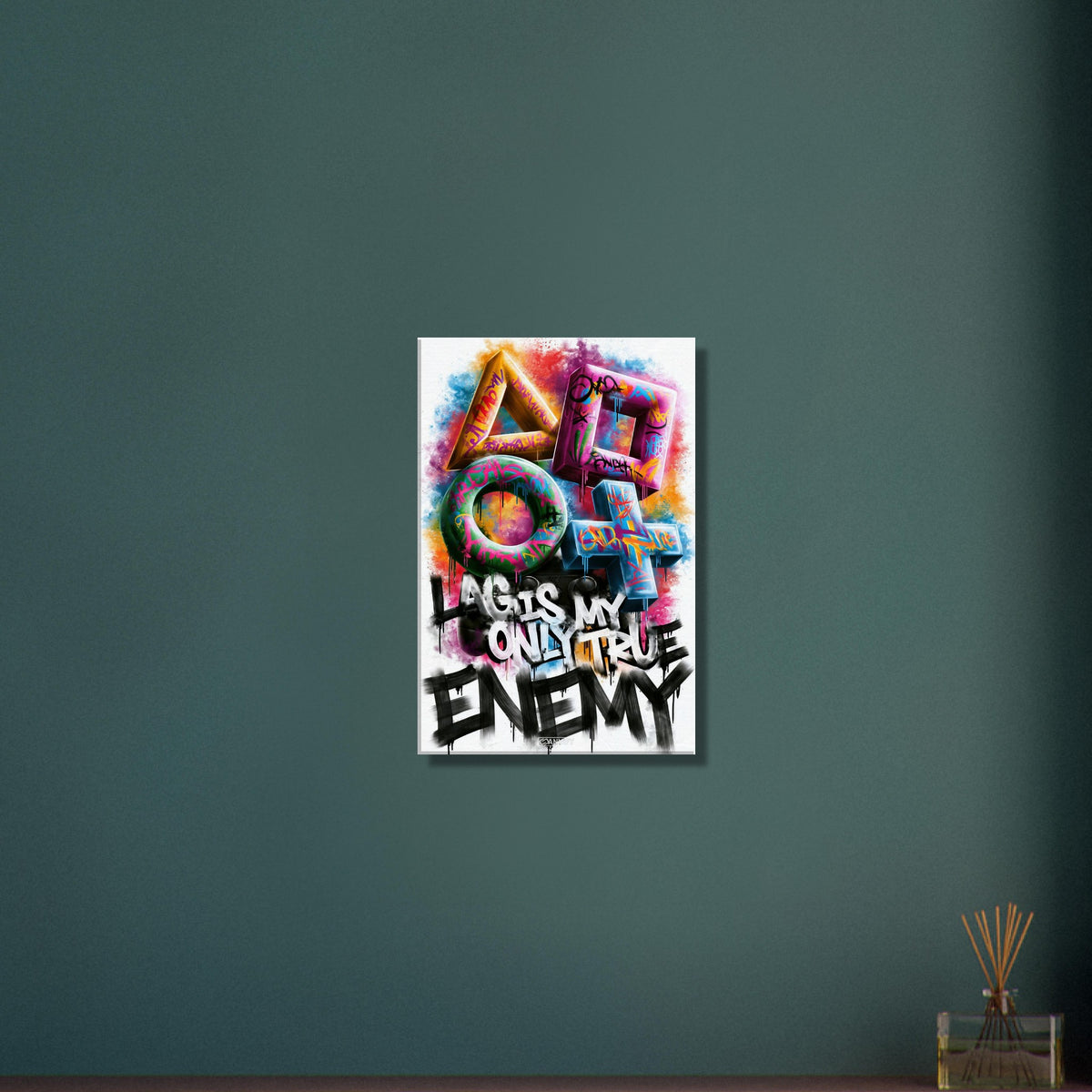 Playstation Symbole mit Controller in bunten Farben und einem Spruch 'Lag Is My Only True Enemy' im Graffiti Street Art Stil auf einer Leinwand