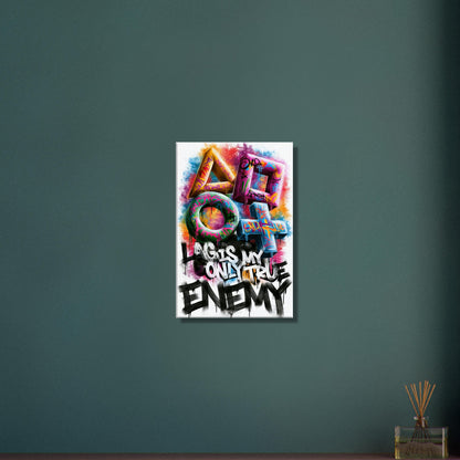 Playstation Symbole mit Controller in bunten Farben und einem Spruch 'Lag Is My Only True Enemy' im Graffiti Street Art Stil auf einer Leinwand