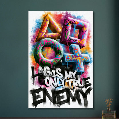 Playstation Symbole mit Controller in bunten Farben und einem Spruch 'Lag Is My Only True Enemy' im Graffiti Street Art Stil auf einer Leinwand
